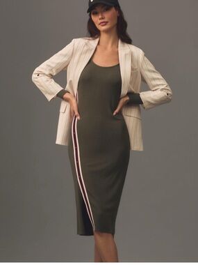 Anthropologie Bordeaux Olive Green Ribbed Tank Midi Dress with Side Stripe